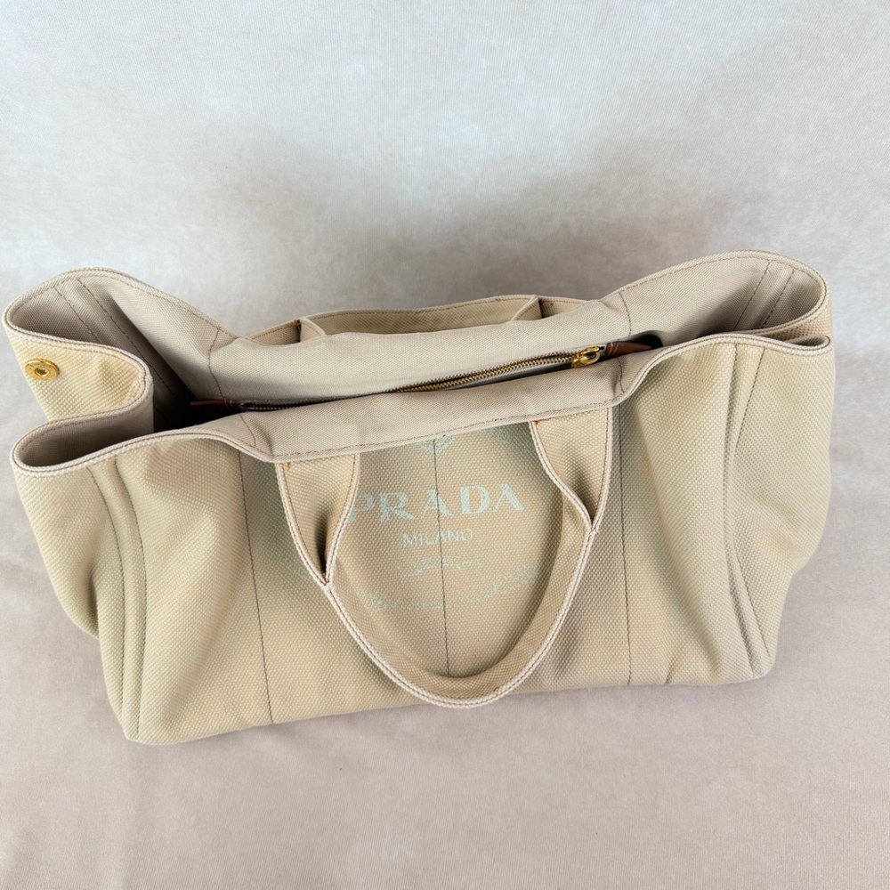 Prada Canapa Large Beige Canvas Tote Bag Gold Hardware - Picture 5 of 15